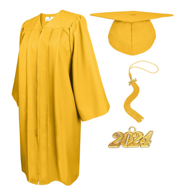 Matte Graduation Cap and Gown with Tassel Charm Unisex Gold