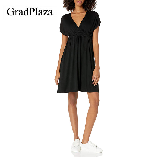 Gradplaza Women's Casual Dresses Short Sleeve V-Neck Dress with Pockets