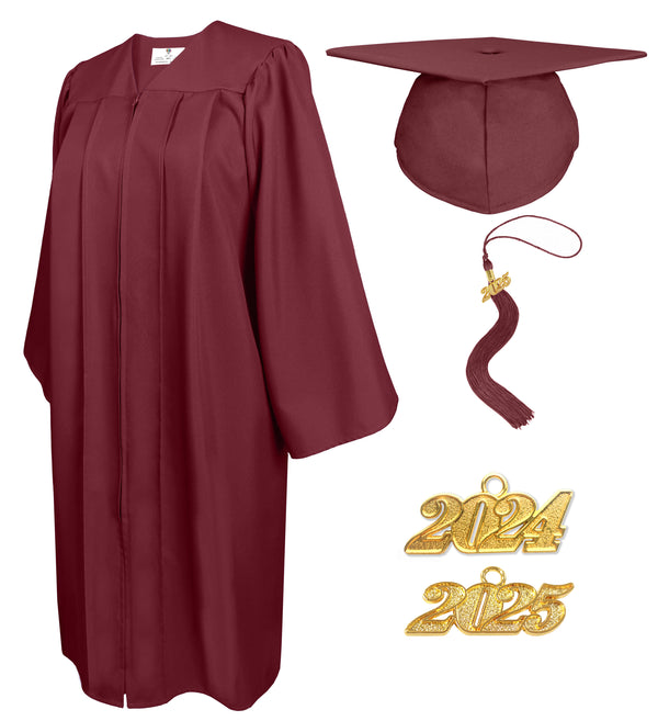 Matte Graduation Cap and Gown with Tassel Charm Unisex Maroon