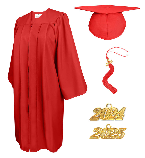 Matte Graduation Cap and Gown with Tassel Charm Unisex Red