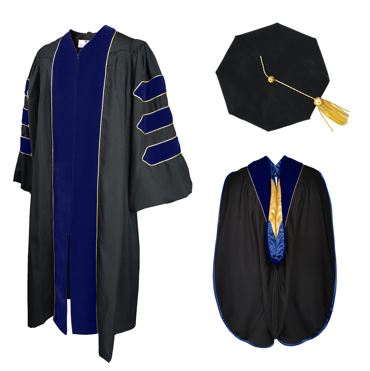 Deluxe Doctoral Graduation Gown Hood and Tam with Gold Pinging 8Side ...